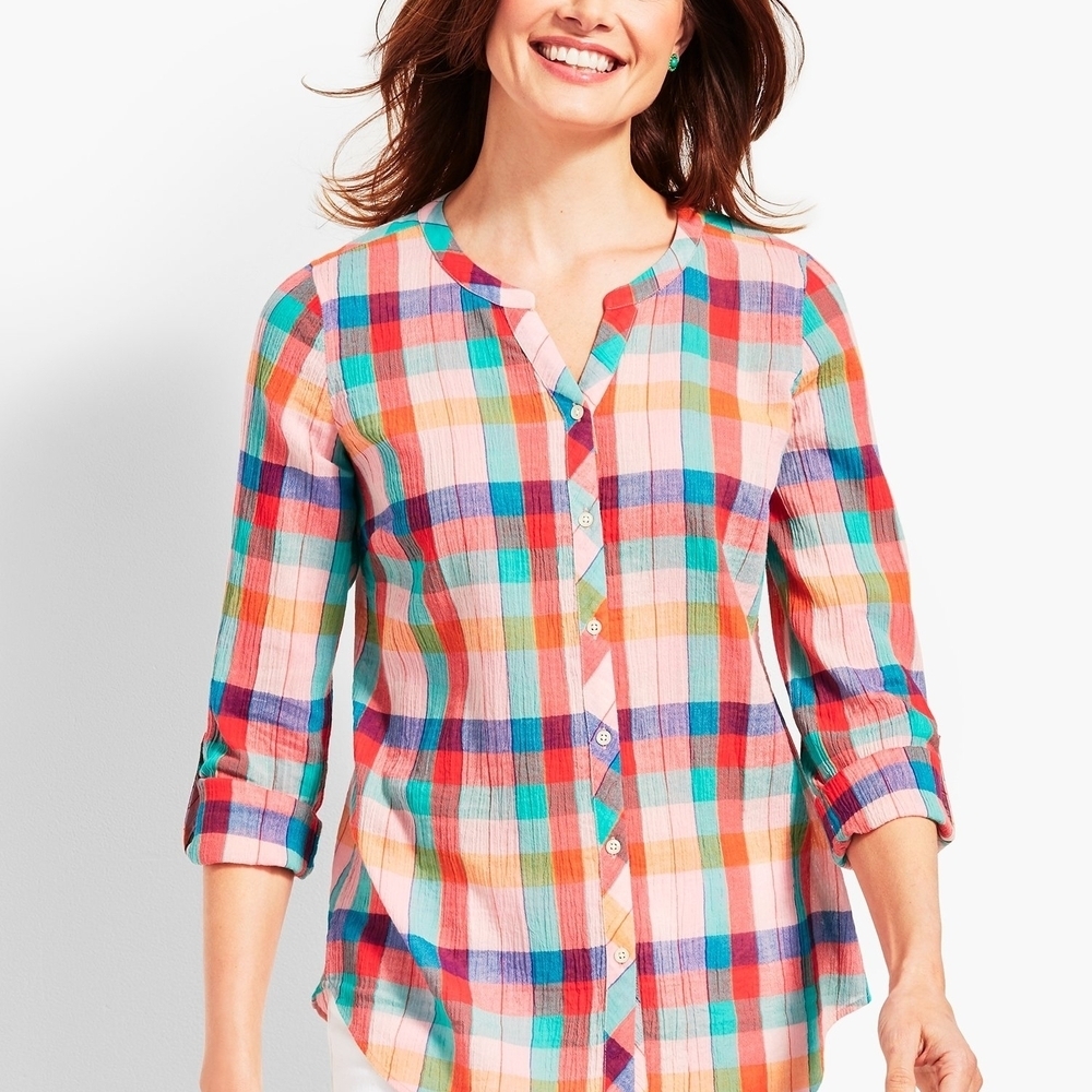 Talbots Multicolor Plaid Crinkle Button Down Shirt Women's Size Petite S